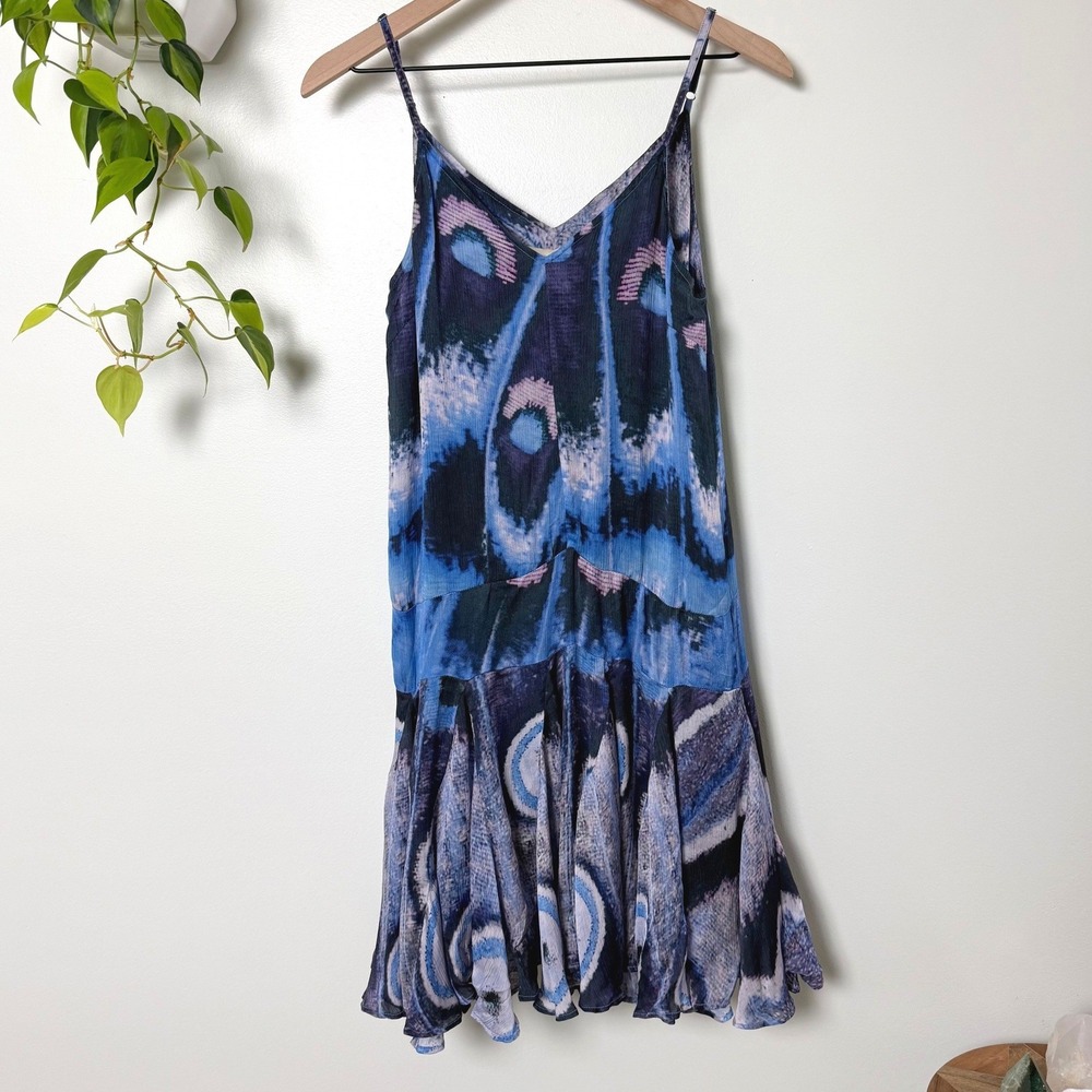 Chufy Iris Mini Dress Petal Skin Blue Butterfly Print Cupro XS Vegan Silk Boho
